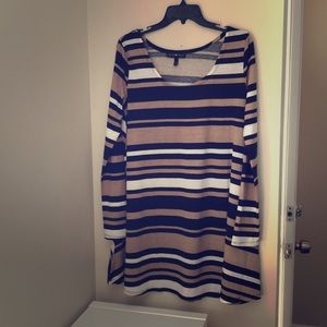 Tan, Black, and White Long Sleeve Dress